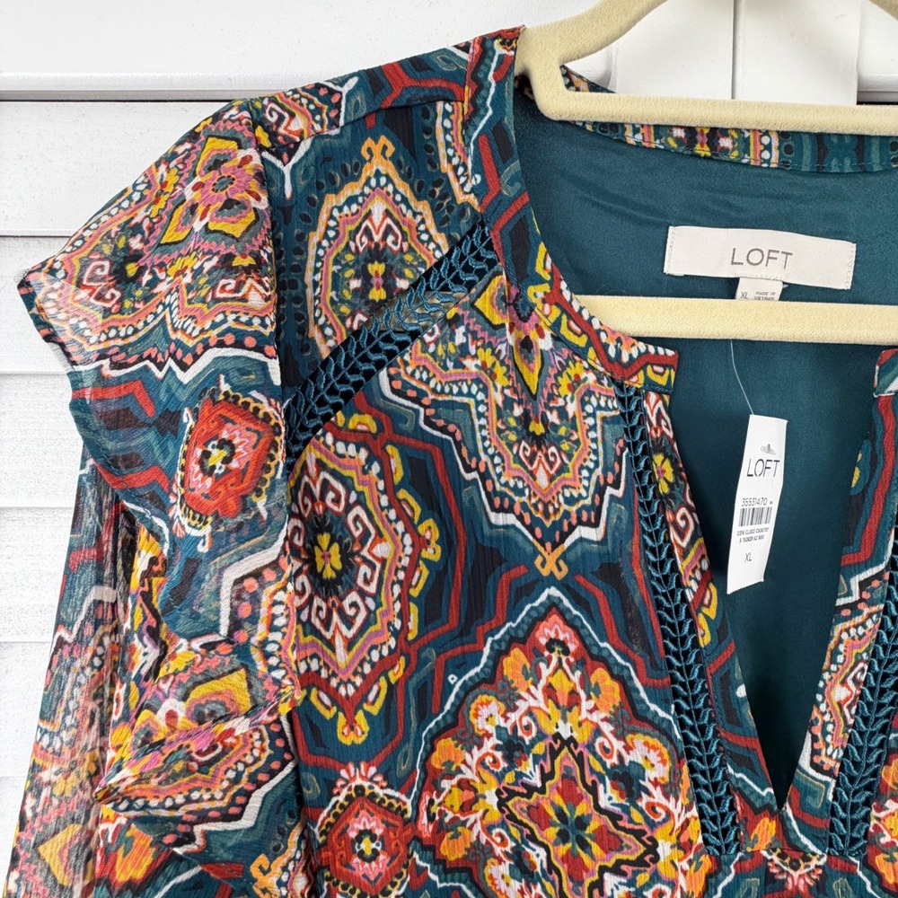 LOFT Midi Dress XL Teal Medallion Print Ruffle Split Neck Long Sleeve NEW - Picture 4 of 16